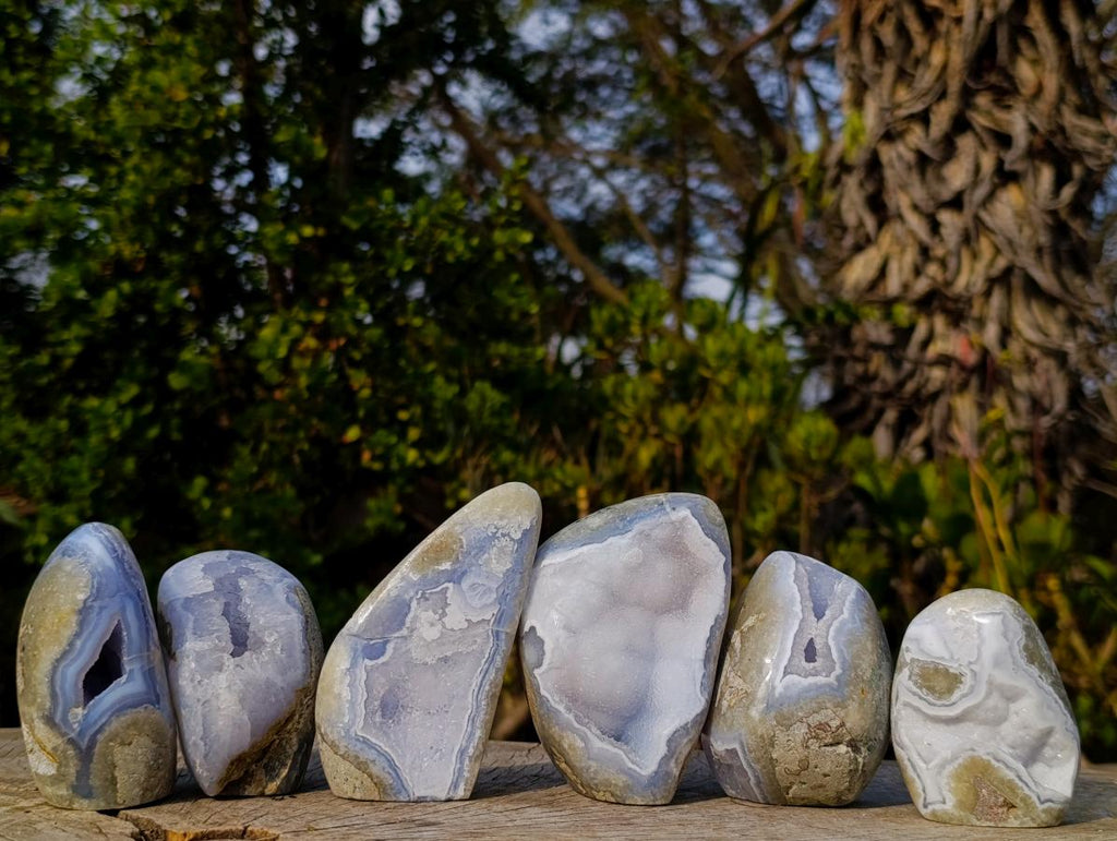 Polished and Natural Blue Lace Agate Standing Display Pieces x 6 From Nsanje, Malawi - Toprock Gemstones and Minerals 