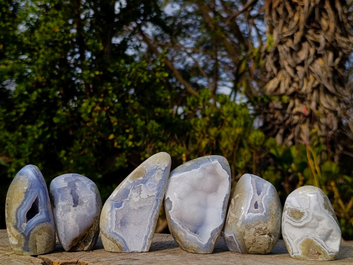 Polished and Natural Blue Lace Agate Standing Display Pieces x 6 From Nsanje, Malawi - Toprock Gemstones and Minerals 