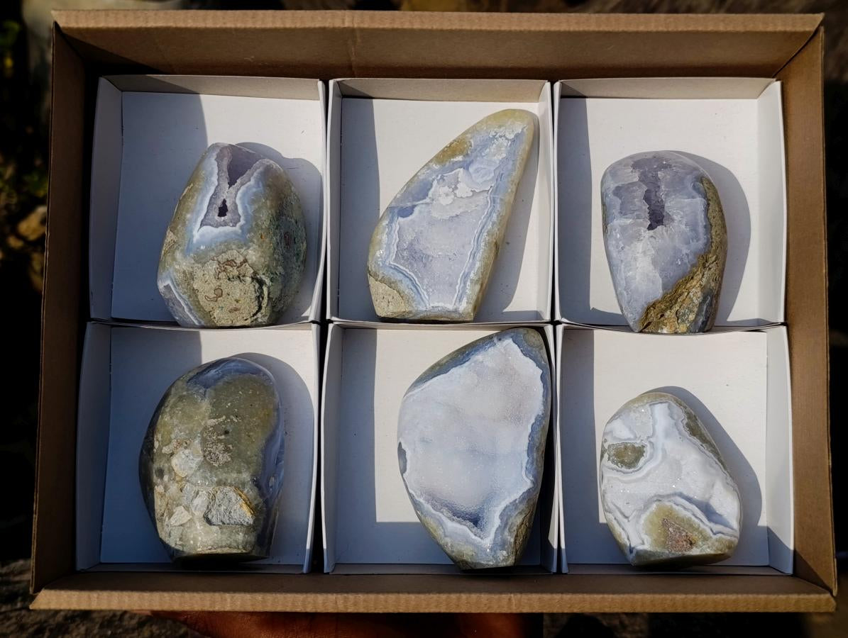 Polished and Natural Blue Lace Agate Standing Display Pieces x 6 From Nsanje, Malawi - Toprock Gemstones and Minerals 