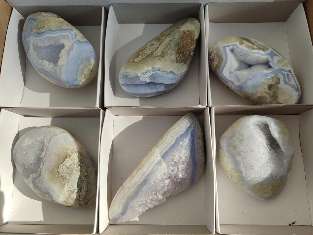 Polished and Natural Blue Lace Agate Free Forms x 6 From Nsanje, Malawi