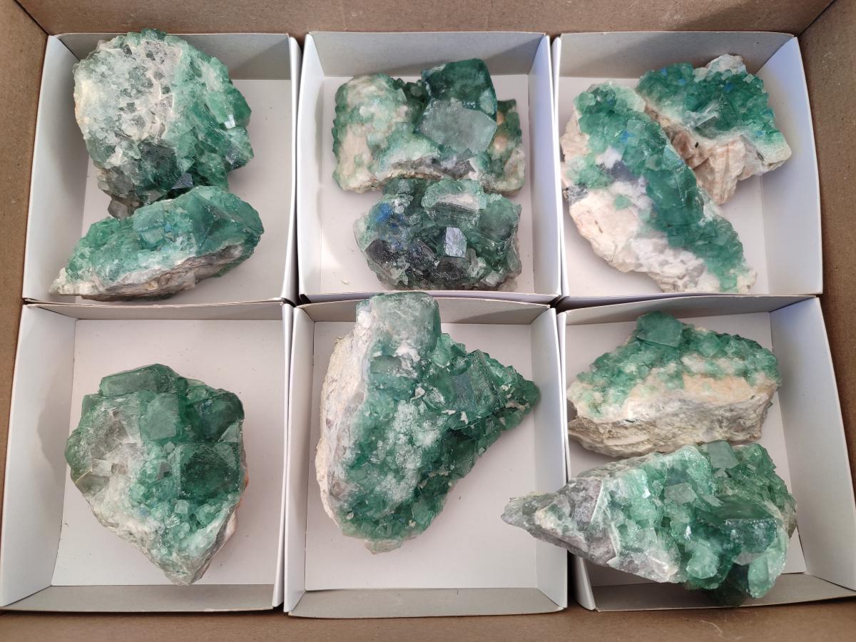 Natural Green Cubic Fluorite Specimens x 10 From Mandrosonoro, Madagascar