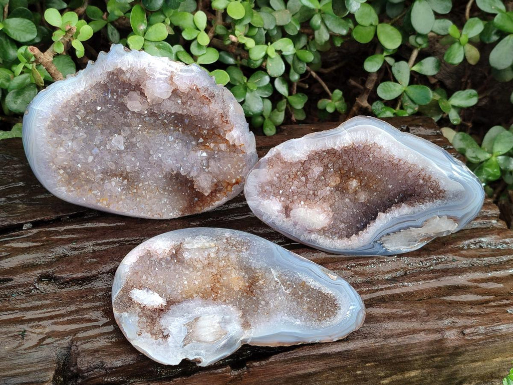Polished and Natural Agate Nodules with Crystalline Geode Centres x 3 From Maintirano, Madagascar