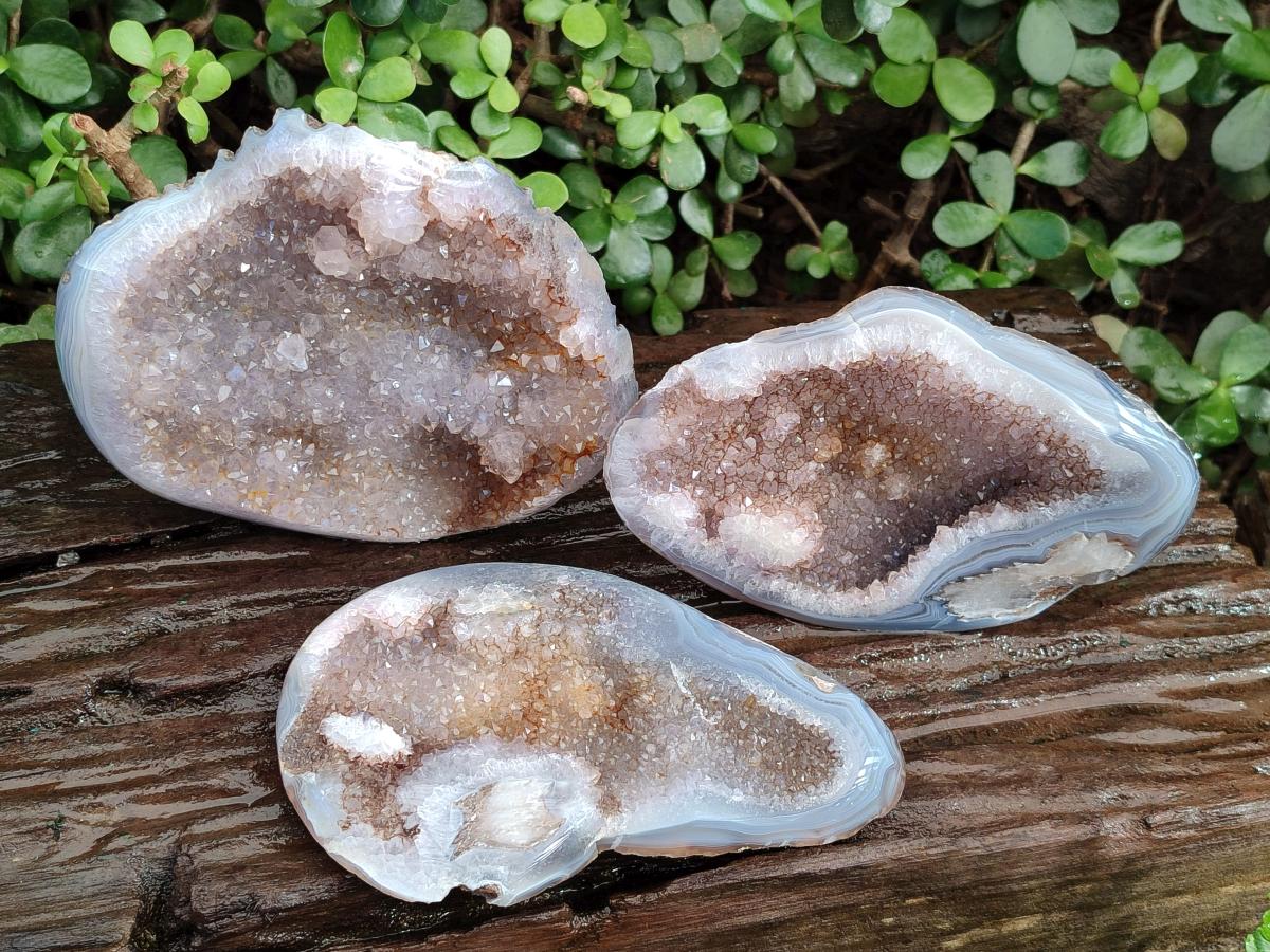 Polished and Natural Agate Nodules with Crystalline Geode Centres x 3 From Maintirano, Madagascar