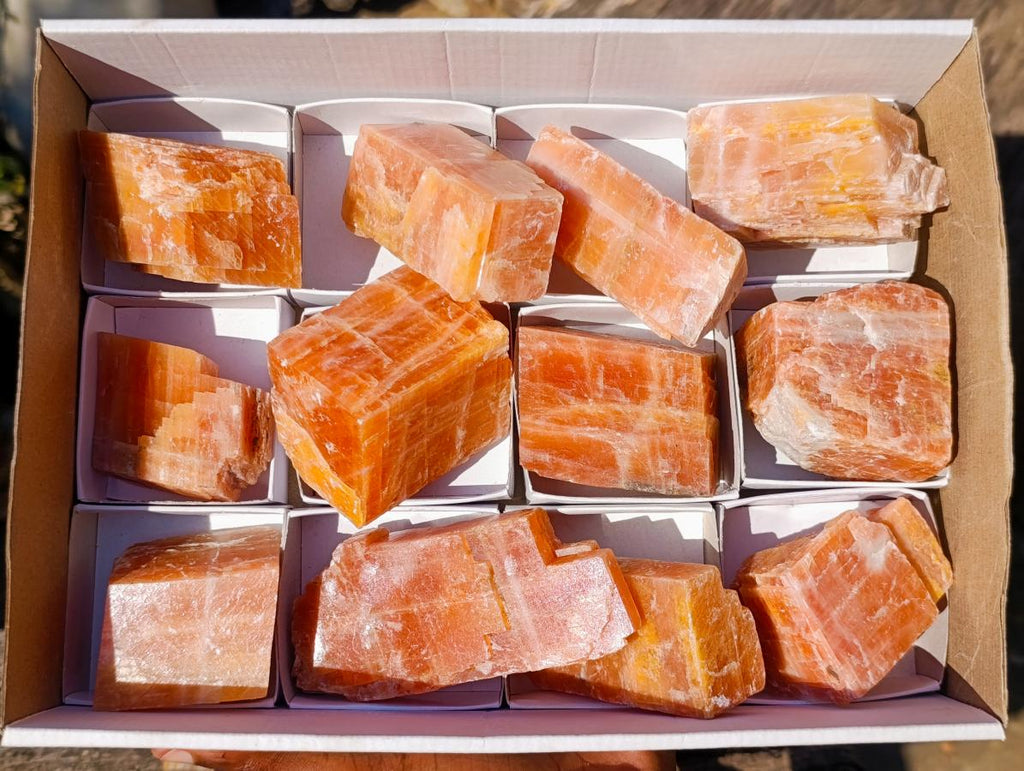Natural Rhombohedral Sunset Orange Calcite Specimens x 12 From Spitzkop, Namibia - Toprock Gemstones and Minerals 