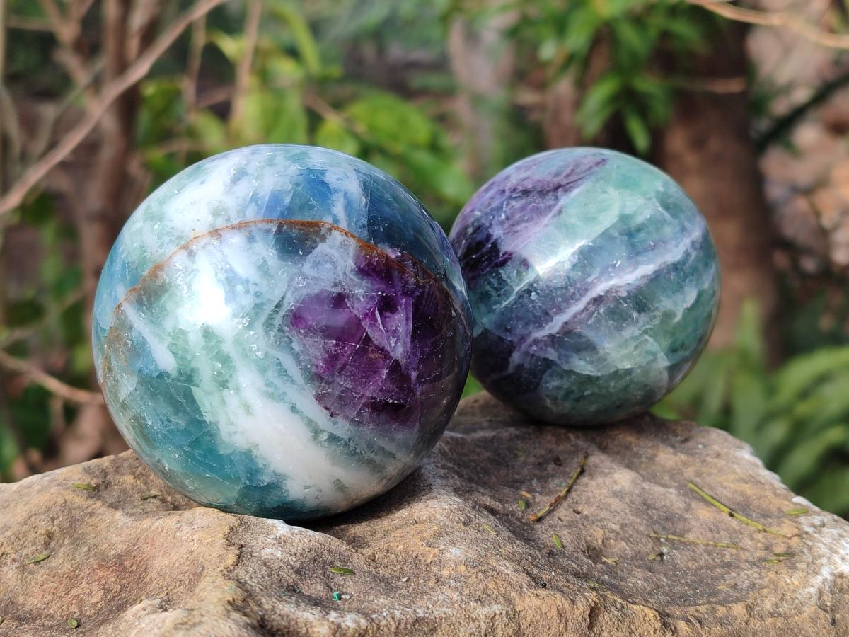 Polished Watermelon Fluorite Spheres x 3 From Uis, Namibia