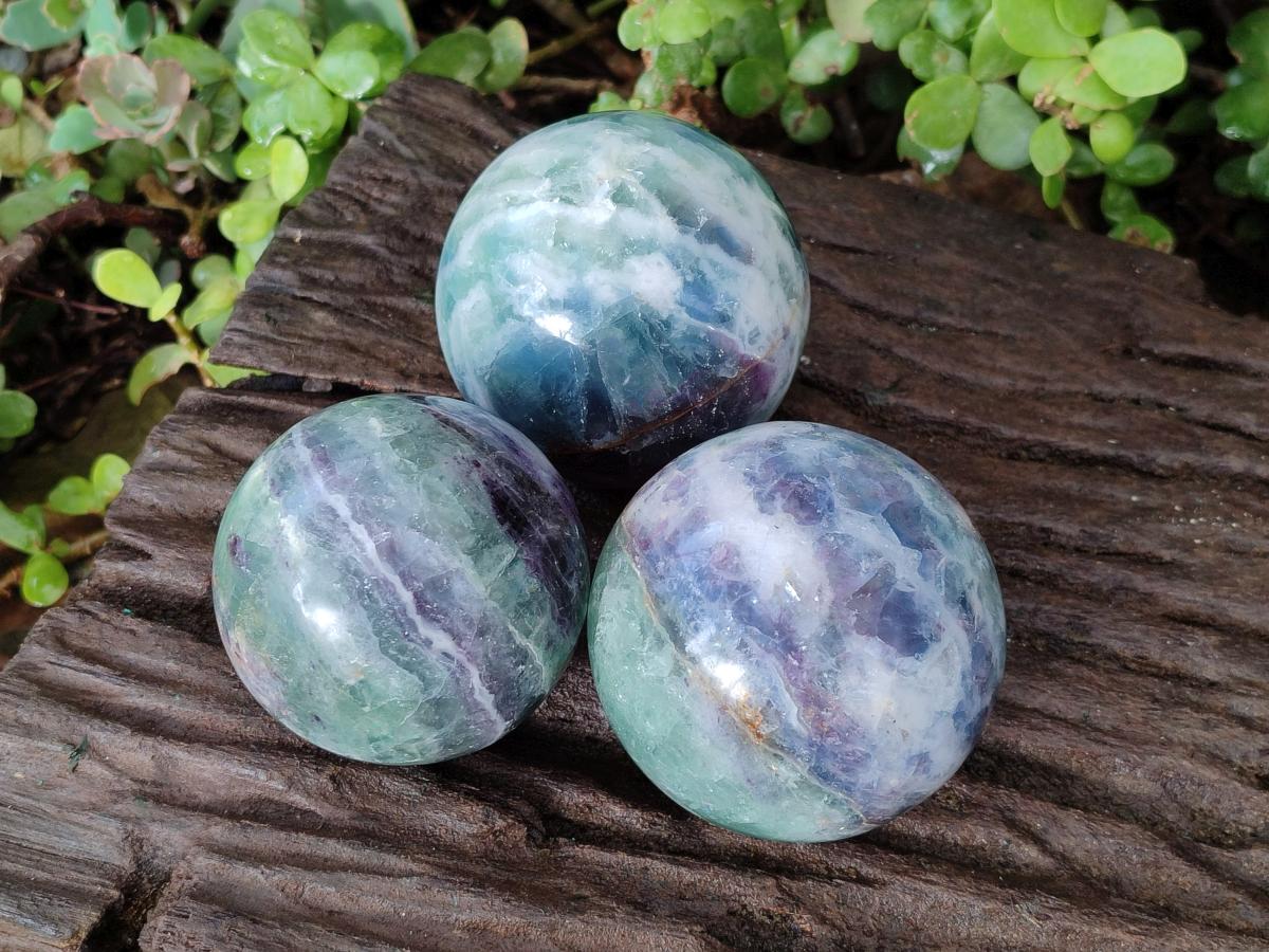 Polished Watermelon Fluorite Spheres x 3 From Uis, Namibia