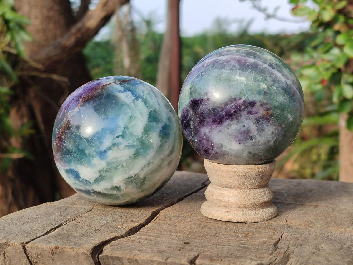 Polished Watermelon Fluorite Spheres x 3 From Uis, Namibia