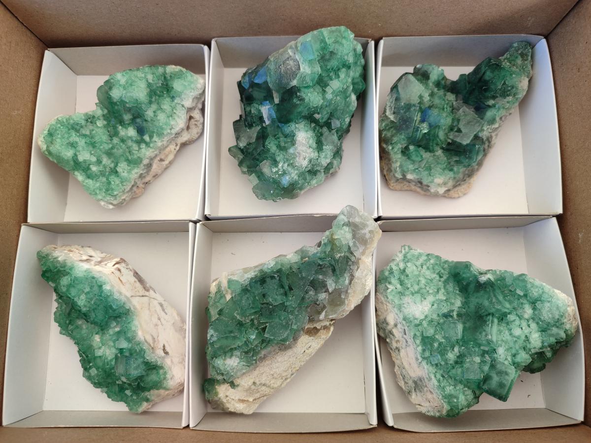 Natural Green Cubic Fluorite Specimens x 6 From Mandrosonoro, Madagascar - Toprock Gemstones and Minerals 
