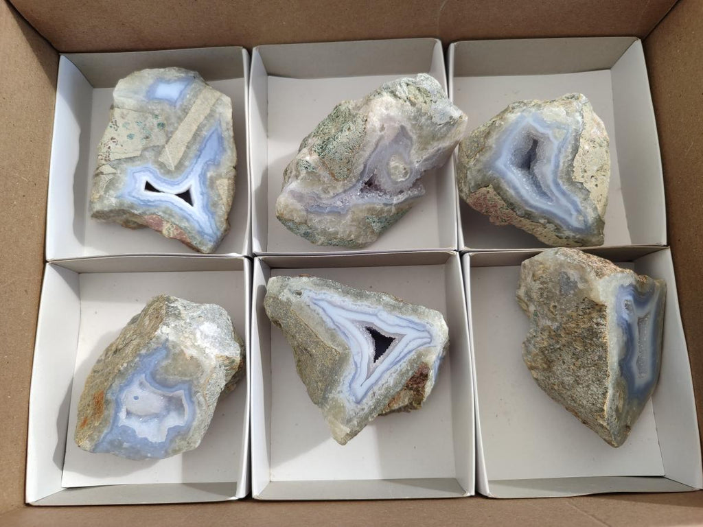 Polished and Natural One Side Blue Lace Agate Geodes x 6 From Nsanje, Malawi - Toprock Gemstones and Minerals 