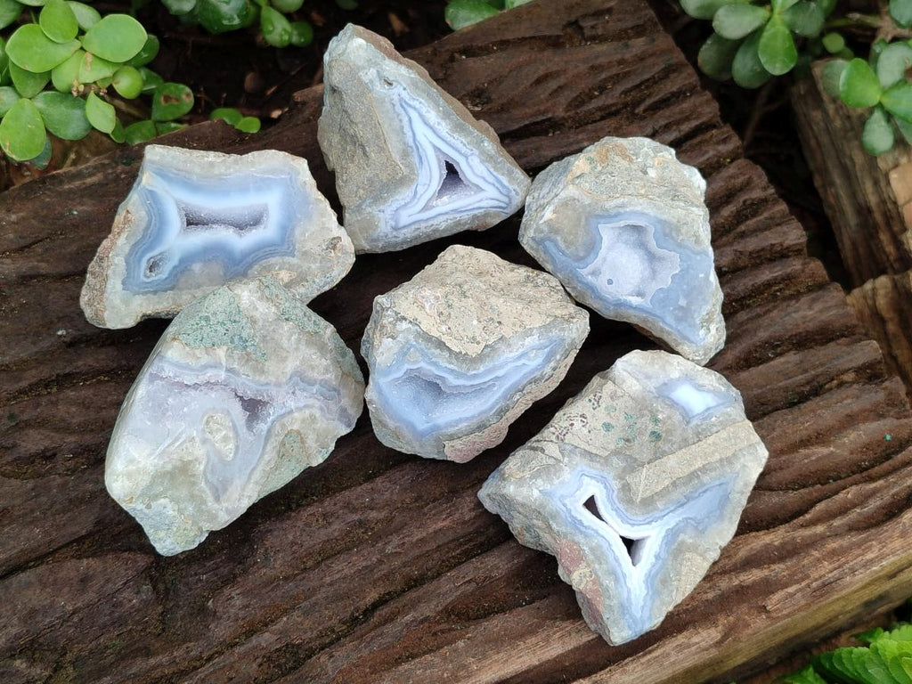 Polished and Natural One Side Blue Lace Agate Geodes x 6 From Nsanje, Malawi - Toprock Gemstones and Minerals 
