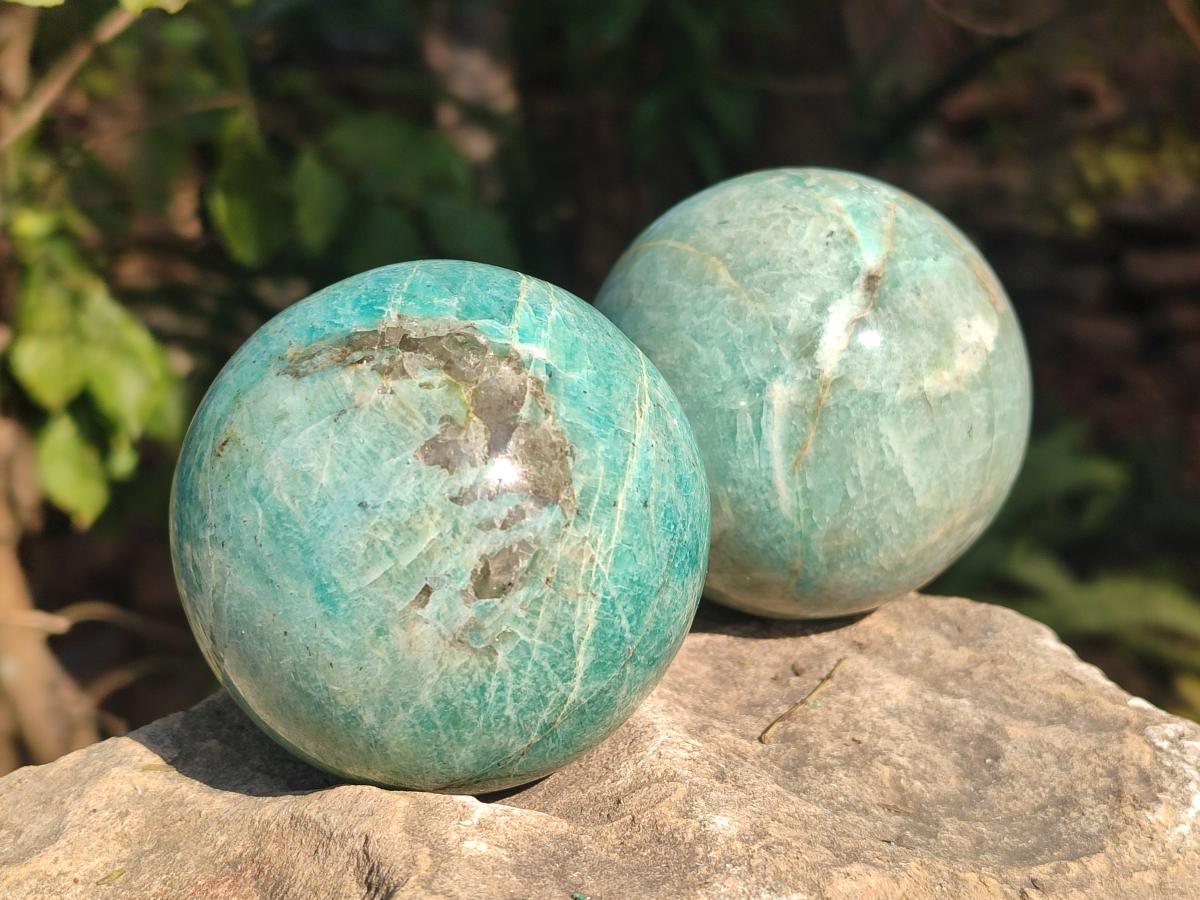 Polished Amazonite Spheres x 3 From Madagascar - Toprock Gemstones and Minerals 