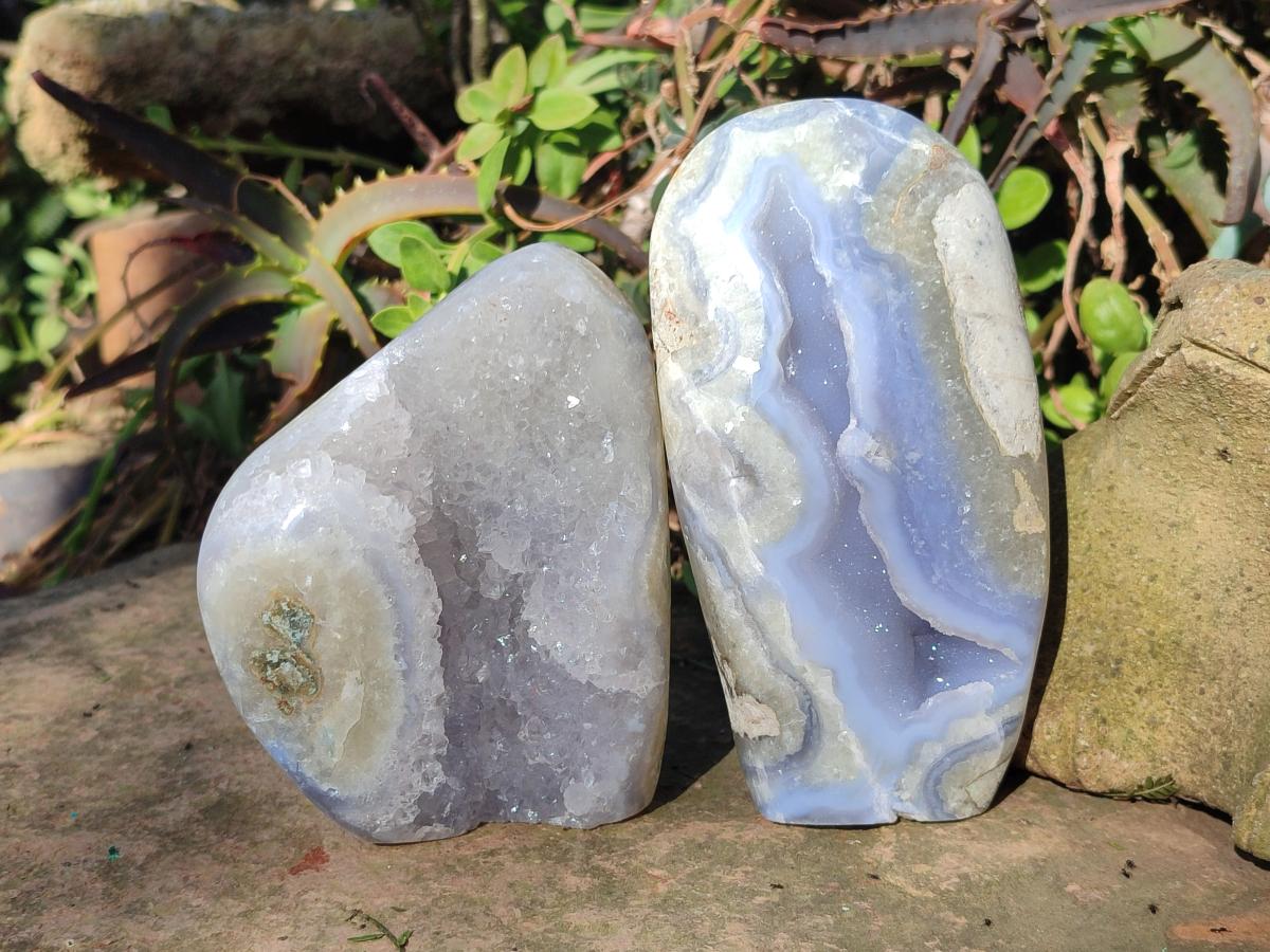 Polished and Natural Blue Lace Agate Standing Display Pieces x 2 From Nsanje, Malawi - Toprock Gemstones and Minerals 