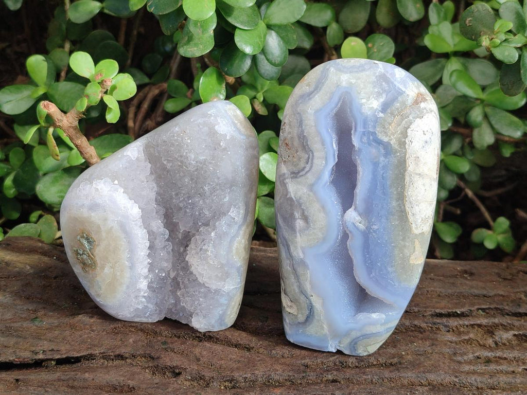 Polished and Natural Blue Lace Agate Standing Display Pieces x 2 From Nsanje, Malawi - Toprock Gemstones and Minerals 