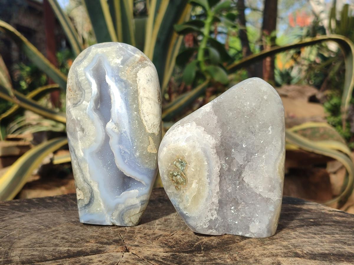 Polished and Natural Blue Lace Agate Standing Display Pieces x 2 From Nsanje, Malawi - Toprock Gemstones and Minerals 