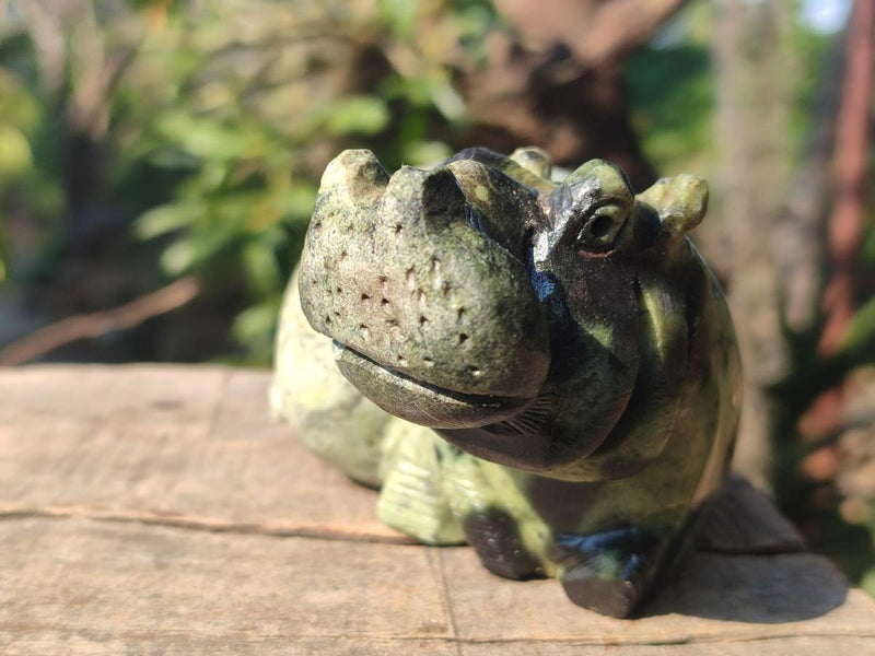 Hand Made Leopard Stone Hippo Carvings x 2 From Nyanga, Zimbabwe - Toprock Gemstones and Minerals 