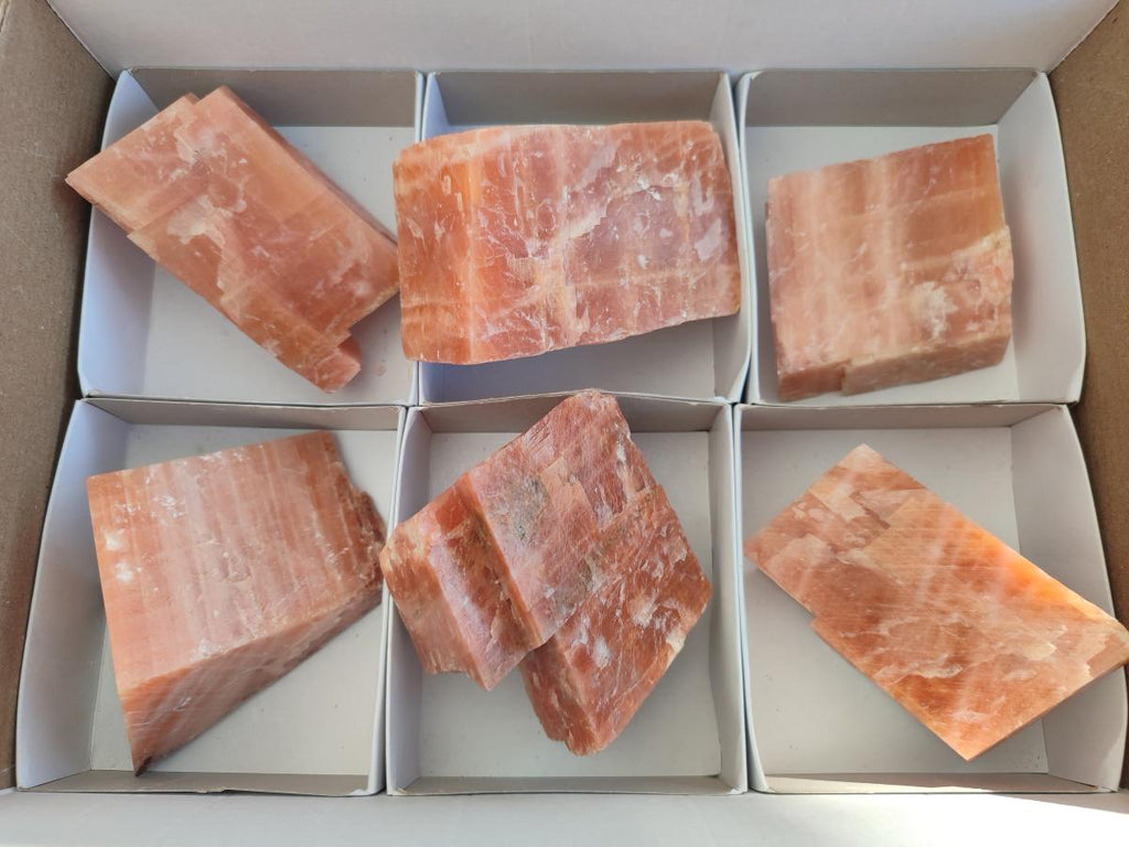 Natural Rhombohedral Sunset Orange Calcite Specimens x 6 From Spitzkop, Namibia - Toprock Gemstones and Minerals 