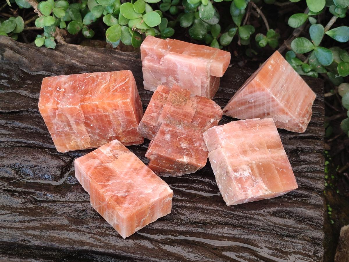 Natural Rhombohedral Sunset Orange Calcite Specimens x 6 From Spitzkop, Namibia - Toprock Gemstones and Minerals 