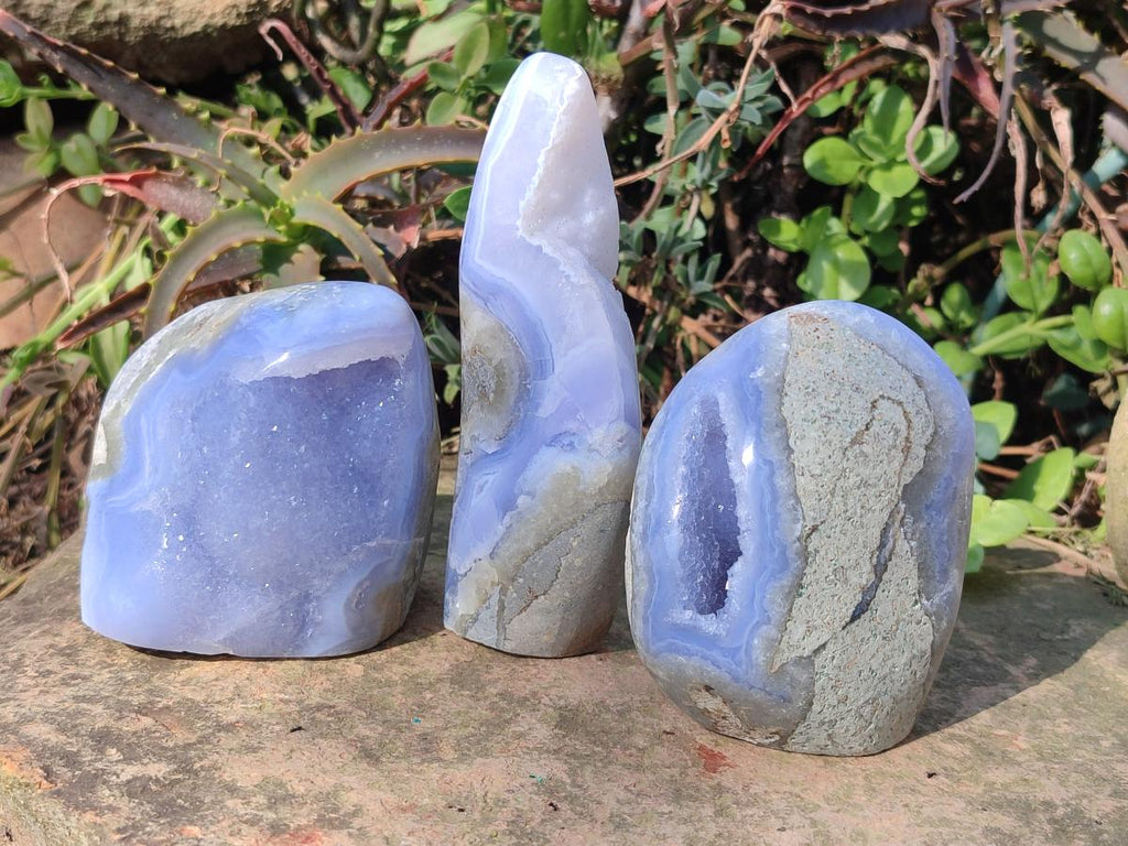Polished and Natural Blue Lace Agate Standing Display Pieces x 3 From Nsanje, Malawi - Toprock Gemstones and Minerals 