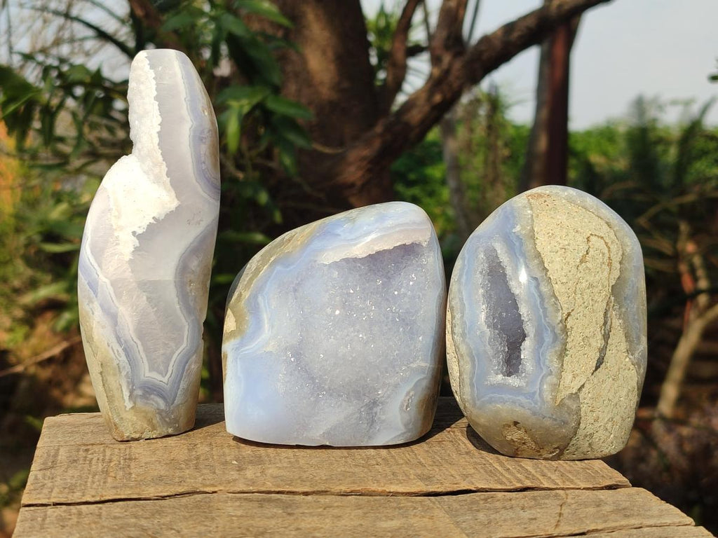 Polished and Natural Blue Lace Agate Standing Display Pieces x 3 From Nsanje, Malawi - Toprock Gemstones and Minerals 