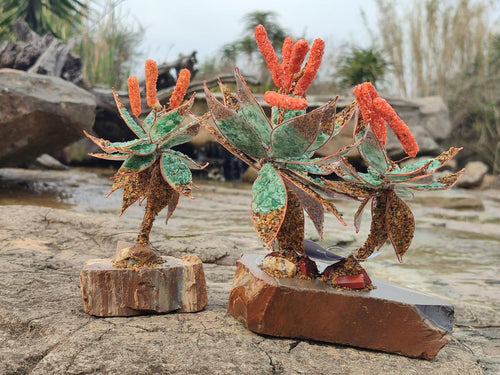 Hand Made Twin and Single Aloe Gemstone Stone Art Trees x 2 From South Africa