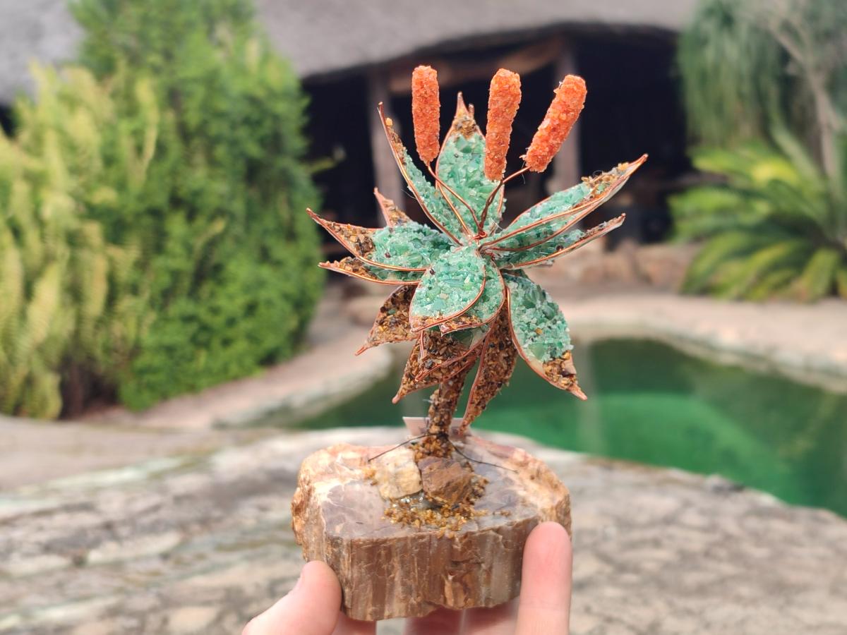 Hand Made Twin and Single Aloe Gemstone Stone Art Trees x 2 From South Africa