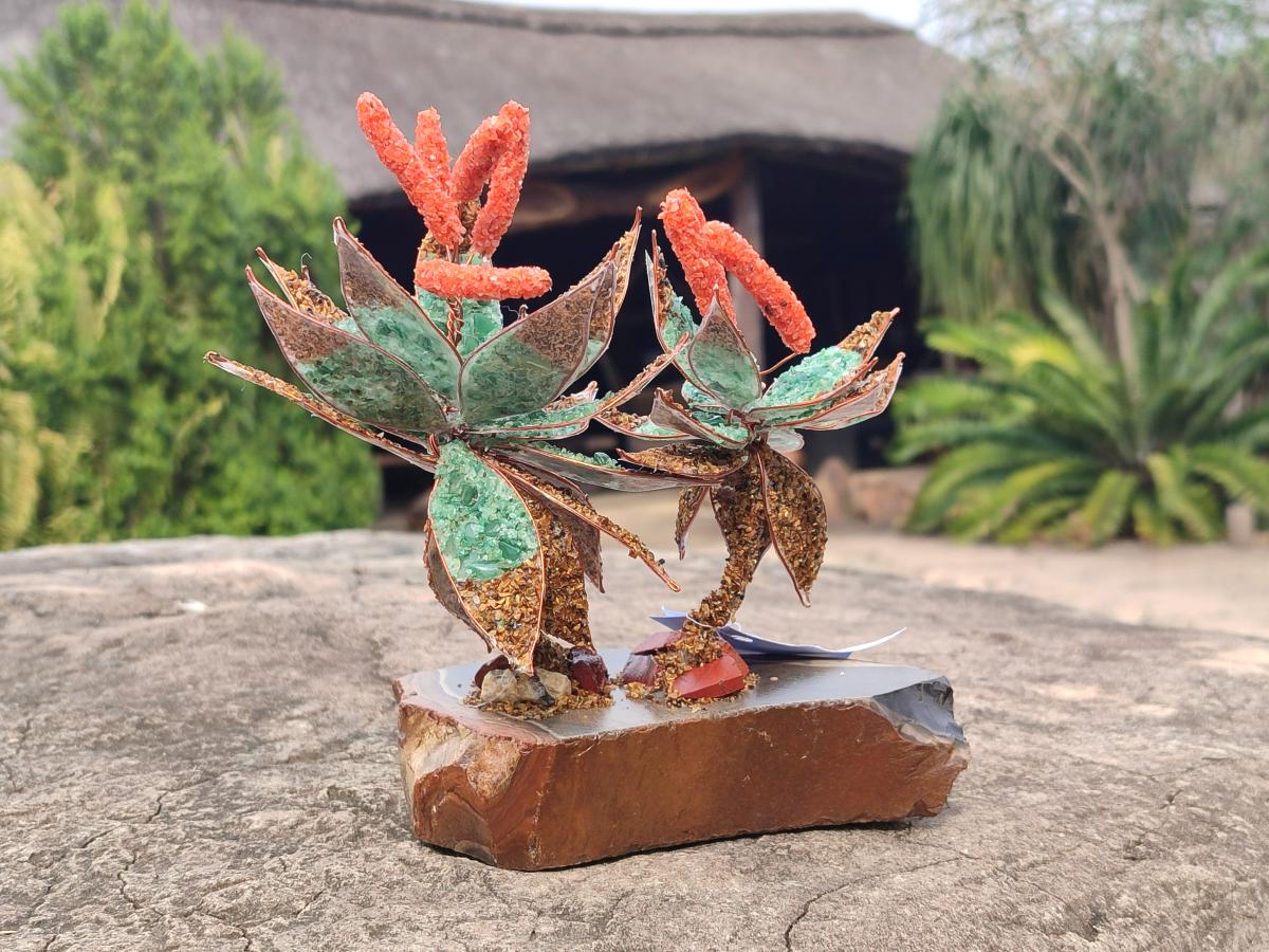 Hand Made Twin and Single Aloe Gemstone Stone Art Trees x 2 From South Africa - Toprock Gemstones and Minerals 