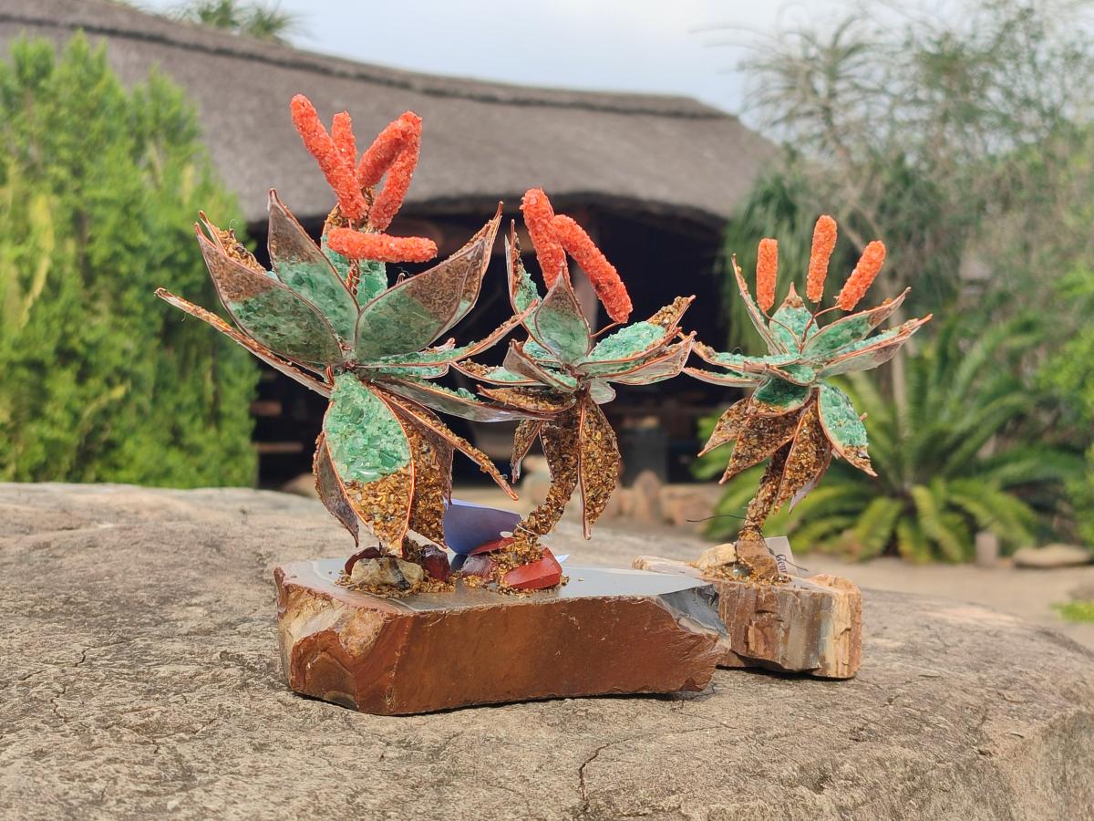 Hand Made Twin and Single Aloe Gemstone Stone Art Trees x 2 From South Africa - Toprock Gemstones and Minerals 