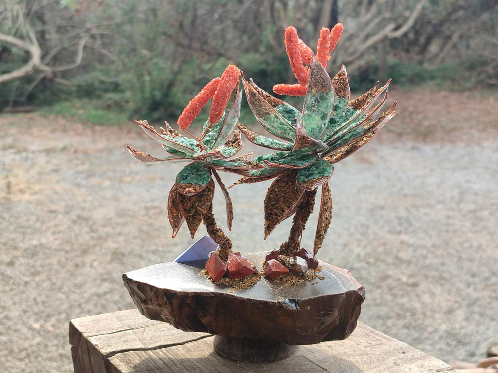 Hand Made Twin and Single Aloe Gemstone Stone Art Trees x 2 From South Africa - Toprock Gemstones and Minerals 