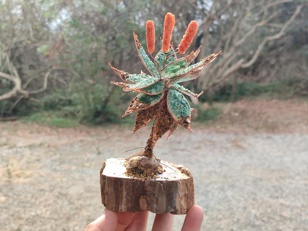 Hand Made Twin and Single Aloe Gemstone Stone Art Trees x 2 From South Africa - Toprock Gemstones and Minerals 