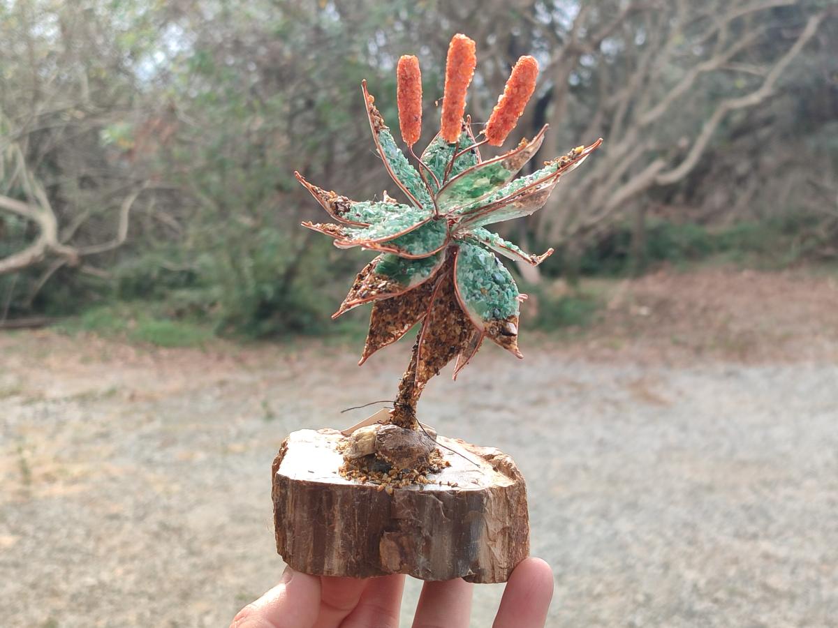 Hand Made Twin and Single Aloe Gemstone Stone Art Trees x 2 From South Africa - Toprock Gemstones and Minerals 