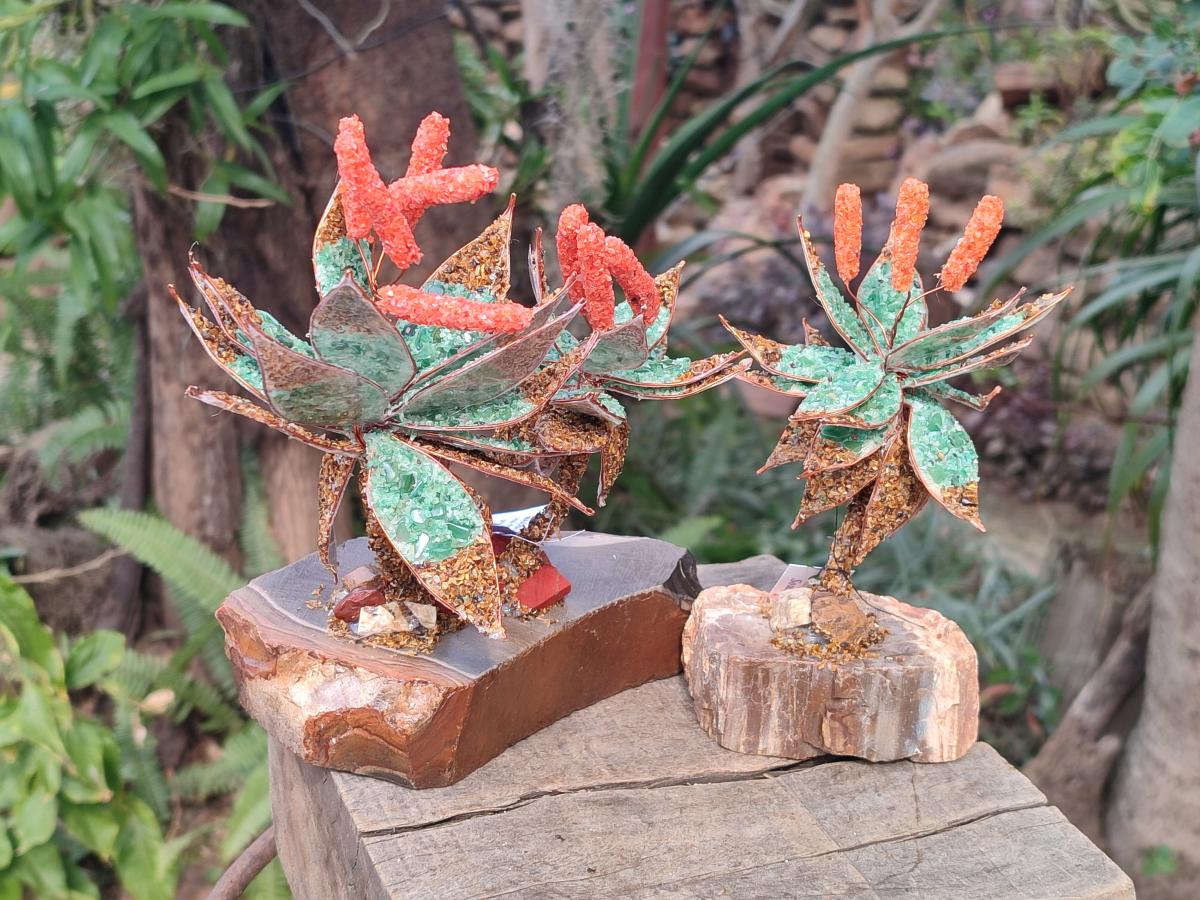 Hand Made Twin and Single Aloe Gemstone Stone Art Trees x 2 From South Africa - Toprock Gemstones and Minerals 