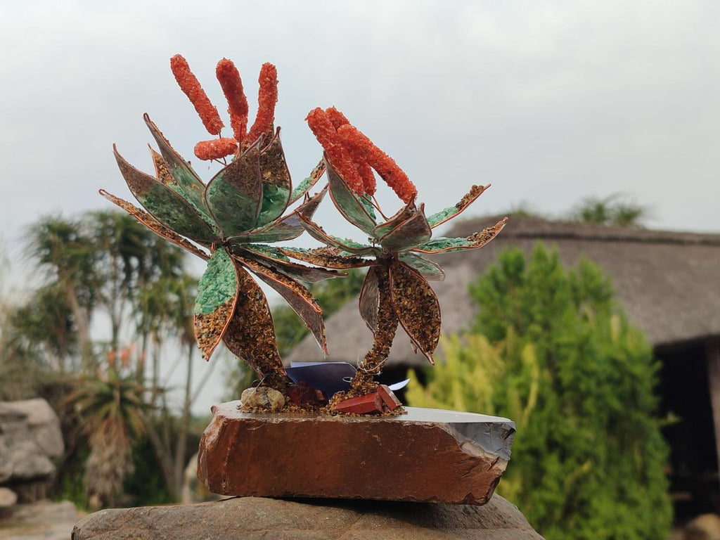 Hand Made Twin and Single Aloe Gemstone Stone Art Trees x 2 From South Africa - Toprock Gemstones and Minerals 
