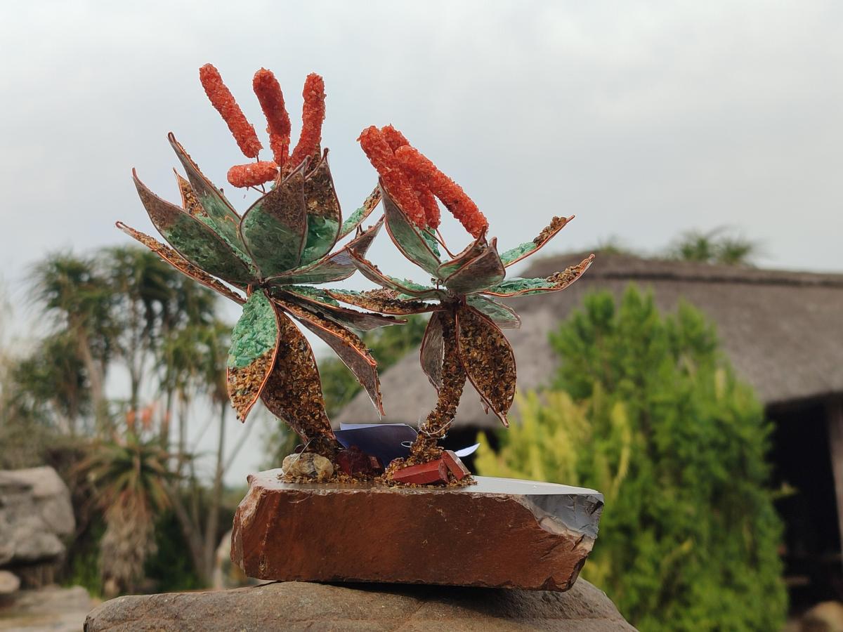 Hand Made Twin and Single Aloe Gemstone Stone Art Trees x 2 From South Africa - Toprock Gemstones and Minerals 