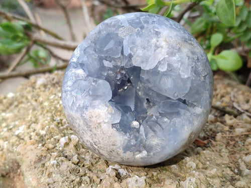 Polished and Natural Blue Celestite Geode Spheres x 2 From Sakoany, Madagascar