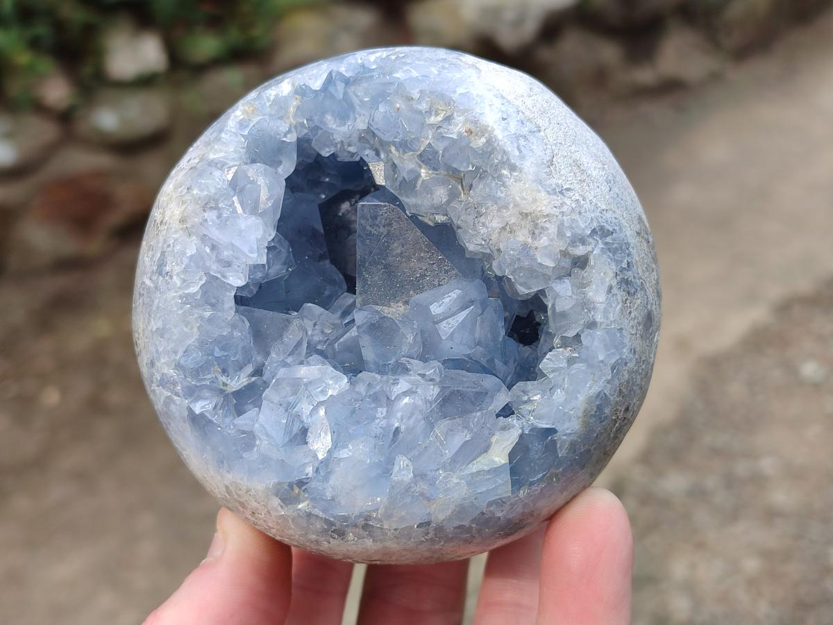 Polished and Natural Blue Celestite Geode Spheres x 2 From Sakoany, Madagascar - Toprock Gemstones and Minerals 