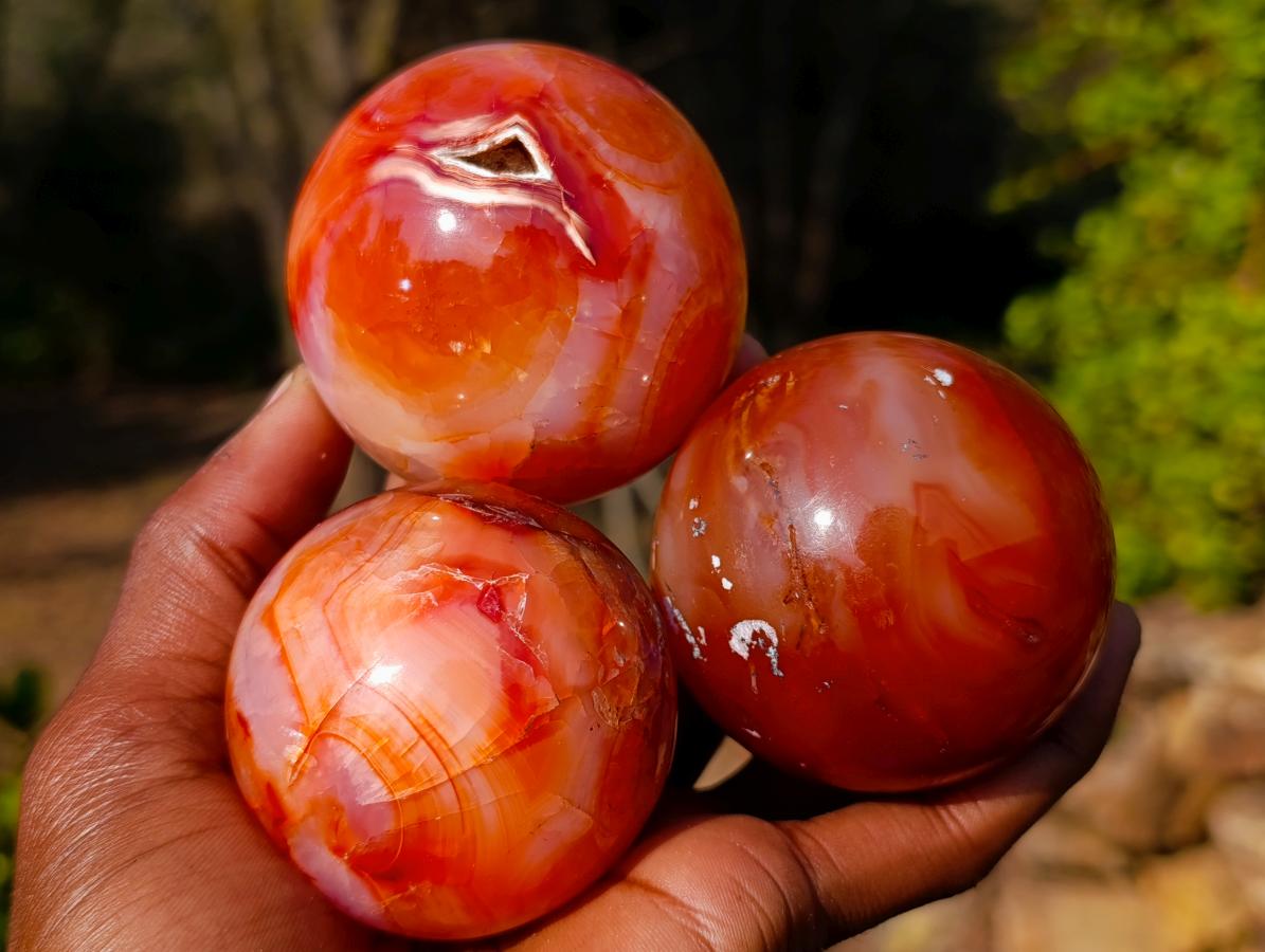 Polished and Natural Carnelian Agate Gemstone Spheres x 6 From Madagascar - Toprock Gemstones and Minerals 
