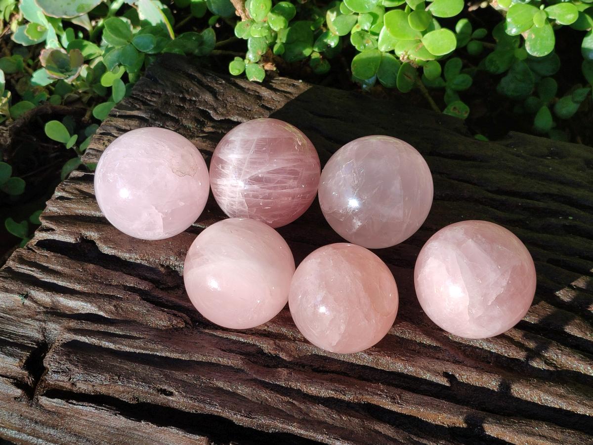 Polished Gemmy Star Rose Quartz Spheres x 6 From Ambatondrazaka, Madagascar - Toprock Gemstones and Minerals 