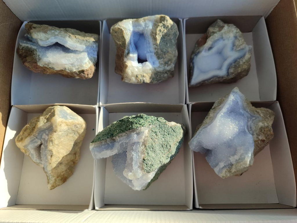 Natural Blue Lace Agate Geode Specimens x 6 From Nsanje, Malawi - Toprock Gemstones and Minerals 