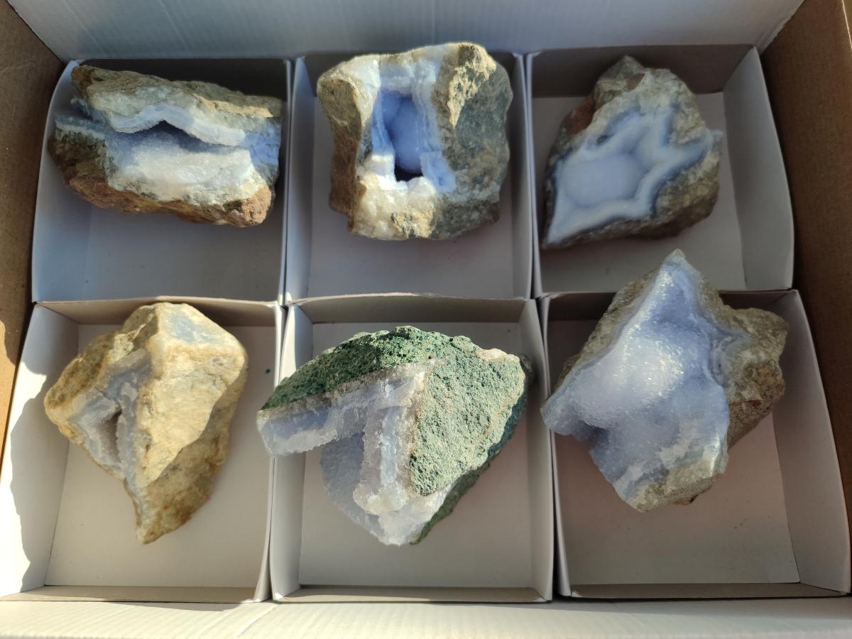 Natural Blue Lace Agate Geode Specimens x 6 From Nsanje, Malawi - Toprock Gemstones and Minerals 