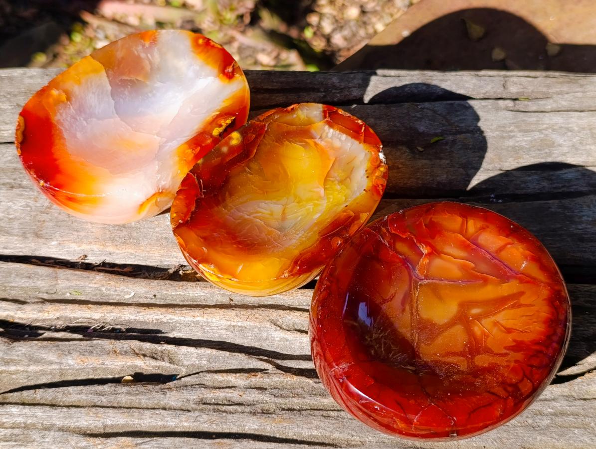 Polished and Natural Carnelian Agate Gemstone Bowls x 3 From Madagascar - Toprock Gemstones and Minerals 