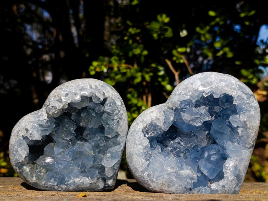 Polished and Natural Blue Celestite Hearts x 2 From Sakoany, Madagascar - Toprock Gemstones and Minerals 
