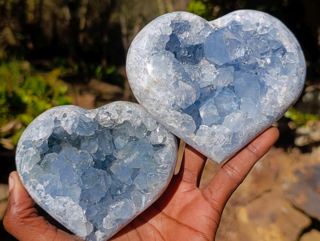 Polished and Natural Blue Celestite Hearts x 2 From Sakoany, Madagascar - Toprock Gemstones and Minerals 