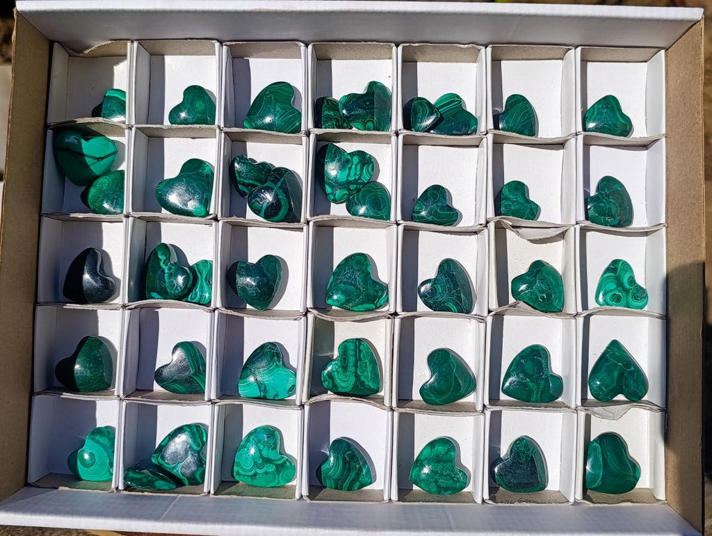 Hand Made Flower Banded Malachite Hearts x 42 From Congo - Toprock Gemstones and Minerals 