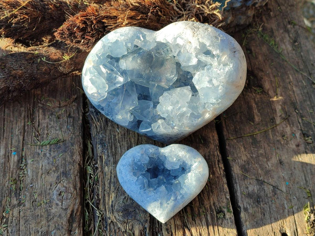 Polished and Natural Blue Celestite Hearts x 2 From Sakoany, Madagascar