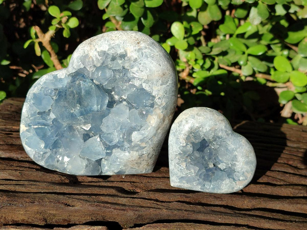 Polished and Natural Blue Celestite Hearts x 2 From Sakoany, Madagascar