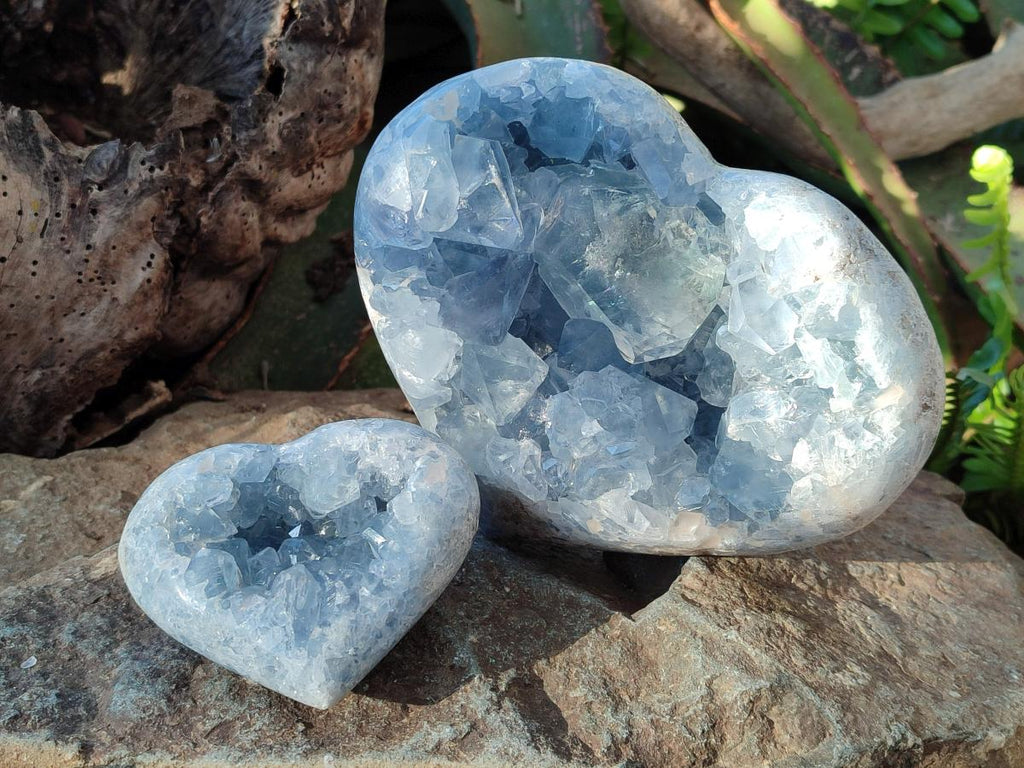 Polished and Natural Blue Celestite Hearts x 2 From Sakoany, Madagascar