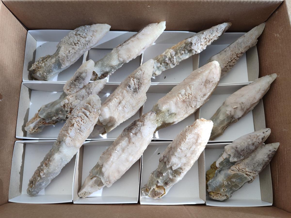 Natural Drusy Quartz Coated Spearhead Calcite Crystals x 12 From Albert's Mountain, Lesotho