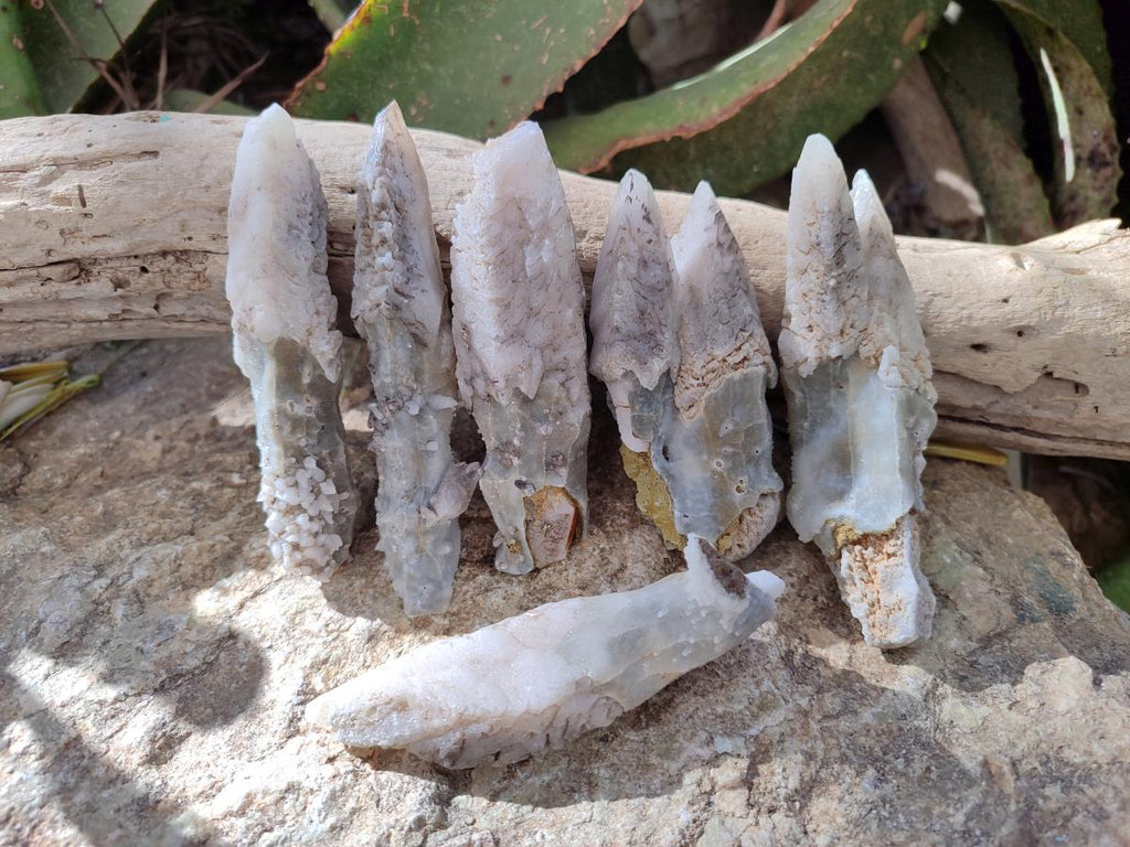 Natural Drusy Quartz Coated Spearhead Calcite Crystals x 12 From Albert's Mountain, Lesotho