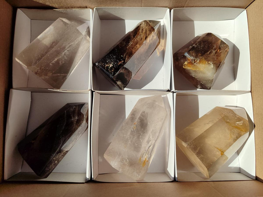 Polished Smokey and Clear Window Quartz Display Crystals x 6 From Madagascar