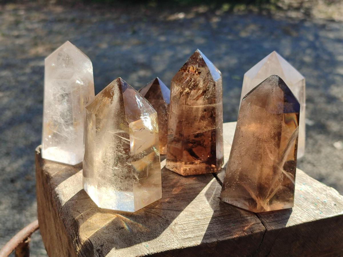 Polished Smokey and Clear Window Quartz Display Crystals x 6 From Madagascar